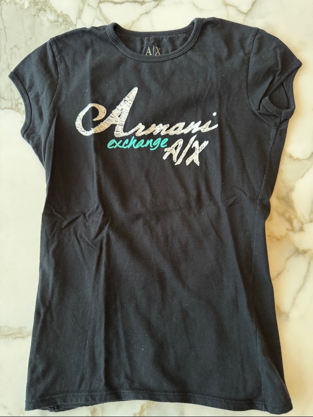 Armani Exchange Black Tee with White and Teal Script